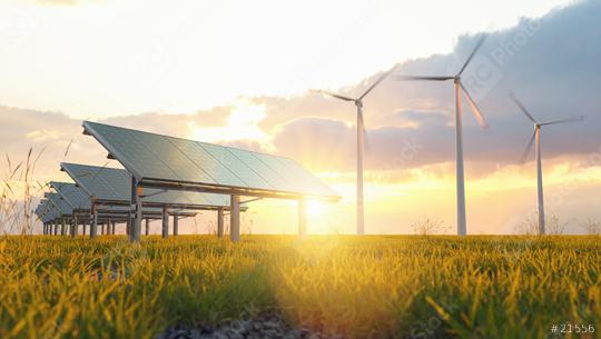 Renewable energy concept - photovoltaics and wind turbines on a grass filed at sunset  : Stock Photo or Stock Video Download rcfotostock photos, images and assets rcfotostock | RC Photo Stock.: