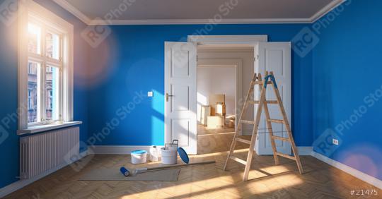 Renovation and modernization in a room with blue wall and ladder and paint bucket  : Stock Photo or Stock Video Download rcfotostock photos, images and assets rcfotostock | RC Photo Stock.: