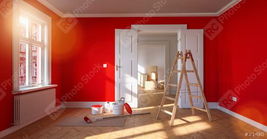 Renovation and modernization in a room with red wall and ladder and paint bucket  : Stock Photo or Stock Video Download rcfotostock photos, images and assets rcfotostock | RC Photo Stock.: