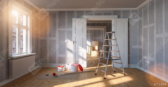 Renovation and modernization with drywall plaster in a walk-through room with ladder and paint bucket  : Stock Photo or Stock Video Download rcfotostock photos, images and assets rcfotostock | RC Photo Stock.: