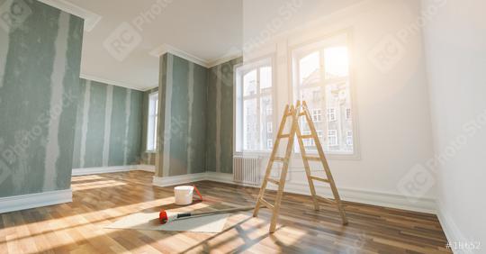renovation concept - apartment before and after restoration or refurbishment with paint bucket and Flattened drywall walls  : Stock Photo or Stock Video Download rcfotostock photos, images and assets rcfotostock | RC Photo Stock.: