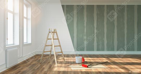 renovation concept - room before and after renovation with ladder, paint bucket and Flattened drywall walls  : Stock Photo or Stock Video Download rcfotostock photos, images and assets rcfotostock | RC Photo Stock.: