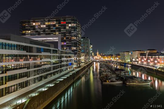 rhineau harbour with crane house buildings at night  : Stock Photo or Stock Video Download rcfotostock photos, images and assets rcfotostock | RC Photo Stock.: