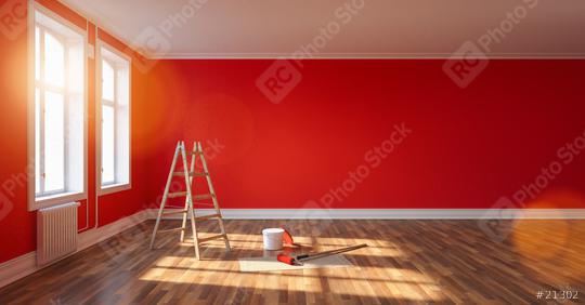 Room after renovation with ladder and paint bucket. Empty red wall, banner size, with copyspace for your individual text.  : Stock Photo or Stock Video Download rcfotostock photos, images and assets rcfotostock | RC Photo Stock.: