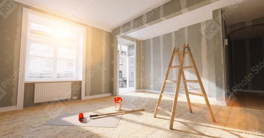 Room in renovation in elegant apartment for relocation with paint bucket and Flattened drywall walls  : Stock Photo or Stock Video Download rcfotostock photos, images and assets rcfotostock | RC Photo Stock.: