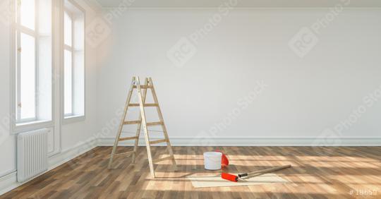 Room in renovation in elegant apartment for relocation with paint bucket, copy space for individual text  : Stock Photo or Stock Video Download rcfotostock photos, images and assets rcfotostock | RC Photo Stock.: