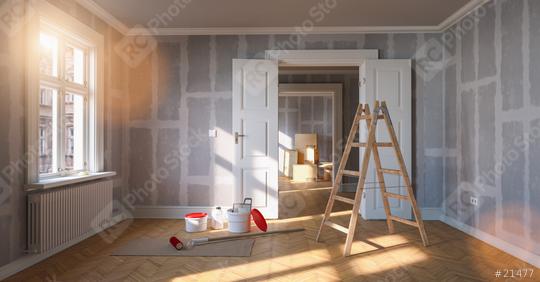 Room in renovation in elegant apartment for relocation with paint bucket and Flattened drywall wall  : Stock Photo or Stock Video Download rcfotostock photos, images and assets rcfotostock | RC Photo Stock.: