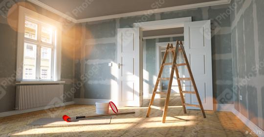 Room in renovation in elegant old apartment for relocation with paint bucket and  Flattened drywall walls  : Stock Photo or Stock Video Download rcfotostock photos, images and assets rcfotostock | RC Photo Stock.:
