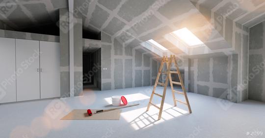 Room in renovation in the attic of a house for relocation with paint bucket and  Flattened drywall walls  : Stock Photo or Stock Video Download rcfotostock photos, images and assets rcfotostock | RC Photo Stock.: