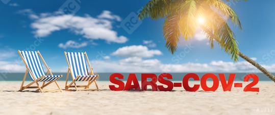 Sars-cov-2 Covid-19 Coronavirus epidemic concept with slogan on the beach with deckchairs, Palm tree and blue sky  : Stock Photo or Stock Video Download rcfotostock photos, images and assets rcfotostock | RC Photo Stock.: