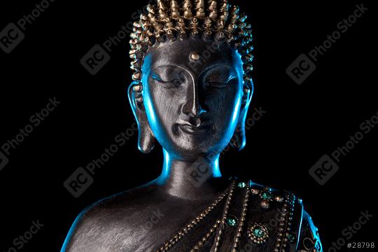 serene Buddha statue with a dark metallic finish, illuminated with soft blue lighting, detailed with intricate beads on the robe, set against a black background.  : Stock Photo or Stock Video Download rcfotostock photos, images and assets rcfotostock | RC Photo Stock.: