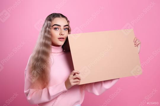 Serene young woman with long hair holding a beige blank sign  : Stock Photo or Stock Video Download rcfotostock photos, images and assets rcfotostock | RC Photo Stock.: