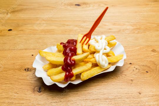 shell of french fries with ketchup and mayonnaise  : Stock Photo or Stock Video Download rcfotostock photos, images and assets rcfotostock | RC Photo Stock.: