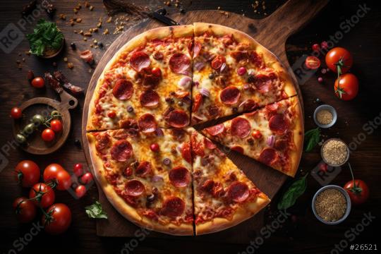 Sliced pepperoni pizza surrounded by fresh ingredients on a dark wooden table  : Stock Photo or Stock Video Download rcfotostock photos, images and assets rcfotostock | RC Photo Stock.: