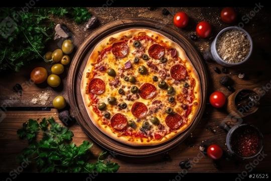 Sliced pepperoni pizza surrounded by fresh ingredients on a dark wooden table  : Stock Photo or Stock Video Download rcfotostock photos, images and assets rcfotostock | RC Photo Stock.: