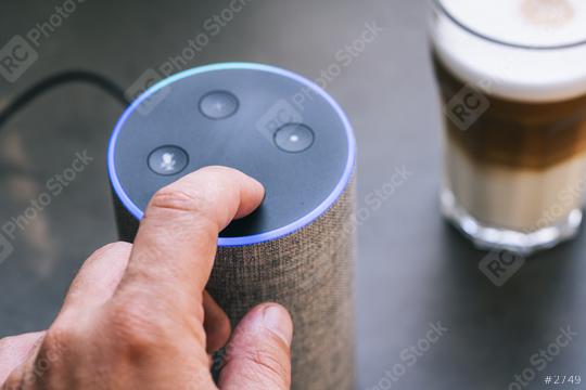 Smart speaker and male hand  : Stock Photo or Stock Video Download rcfotostock photos, images and assets rcfotostock | RC Photo Stock.: