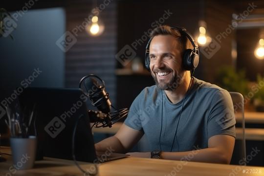 Smiling man podcasting with microphone and laptop
  : Stock Photo or Stock Video Download rcfotostock photos, images and assets rcfotostock | RC Photo Stock.: