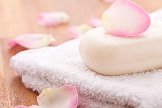 soap with rose leafs on a towel on wooden background  : Stock Photo or Stock Video Download rcfotostock photos, images and assets rcfotostock | RC Photo Stock.: