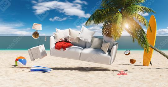 Sofa floats over sand on the beach with palm as a concept for vacation and relaxation  : Stock Photo or Stock Video Download rcfotostock photos, images and assets rcfotostock | RC Photo Stock.: