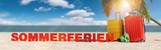 Sommerferien (German for: summer holidays) concept with slogan on the beach with Suitcase, Palm tree, flip-flops and blue sky  : Stock Photo or Stock Video Download rcfotostock photos, images and assets rcfotostock | RC Photo Stock.: