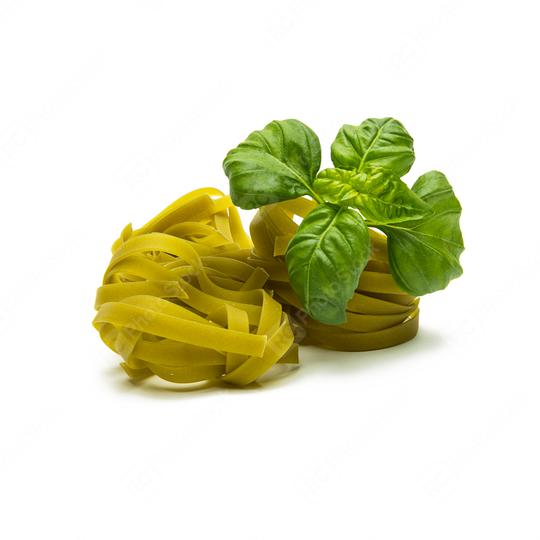 spinach noodle nests with basil on white  : Stock Photo or Stock Video Download rcfotostock photos, images and assets rcfotostock | RC Photo Stock.: