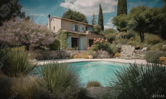 Stone villa with pool amidst lush garden and flowering trees  : Stock Photo or Stock Video Download rcfotostock photos, images and assets rcfotostock | RC Photo Stock.: