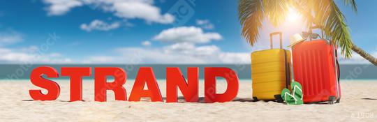 Strand (German for: Beacj) concept with slogan on the beach with Suitcase, Palm tree, flip-flops and blue sky  : Stock Photo or Stock Video Download rcfotostock photos, images and assets rcfotostock | RC Photo Stock.:
