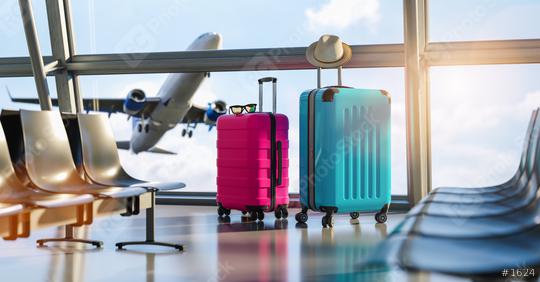 Suitcases in airport departure lounge, airplane in background, summer vacation concept, traveler suitcases in airport terminal waiting area, empty hall interior with large windows, focus on suitcases  : Stock Photo or Stock Video Download rcfotostock photos, images and assets rcfotostock | RC Photo Stock.: