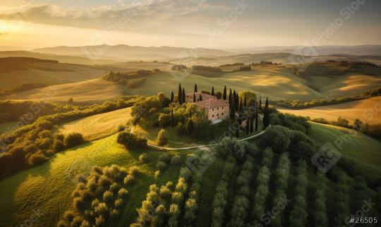 Sunlit Tuscan landscape with a villa, cypress trees, and rolling hills  : Stock Photo or Stock Video Download rcfotostock photos, images and assets rcfotostock | RC Photo Stock.: