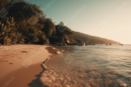 Sunrise at Scenic Beach Shore with Ocean Waves, Natural Reflections, Coastal Trees, and Sandy Landscape, generative AI  : Stock Photo or Stock Video Download rcfotostock photos, images and assets rcfotostock | RC Photo Stock.: