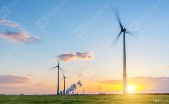 Sunset at a wind farm with coal power plant at sunset  : Stock Photo or Stock Video Download rcfotostock photos, images and assets rcfotostock | RC Photo Stock.: