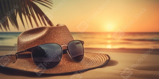 Sunset Beach Scene with Sun hat and Fashionable Sunglasses, Palm  : Stock Photo or Stock Video Download rcfotostock photos, images and assets rcfotostock | RC Photo Stock.: