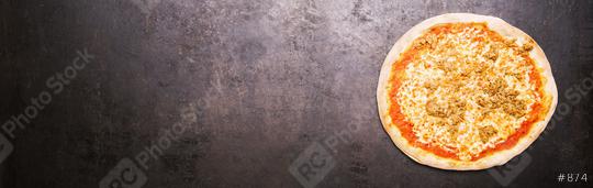 Tasty Tuna pizza and cooking ingredients tomatoes cheese on black rusty background. Top view of hot Tuna pizza, with copyspace for your individual text. Flat lay. Banner size   : Stock Photo or Stock Video Download rcfotostock photos, images and assets rcfotostock | RC Photo Stock.: