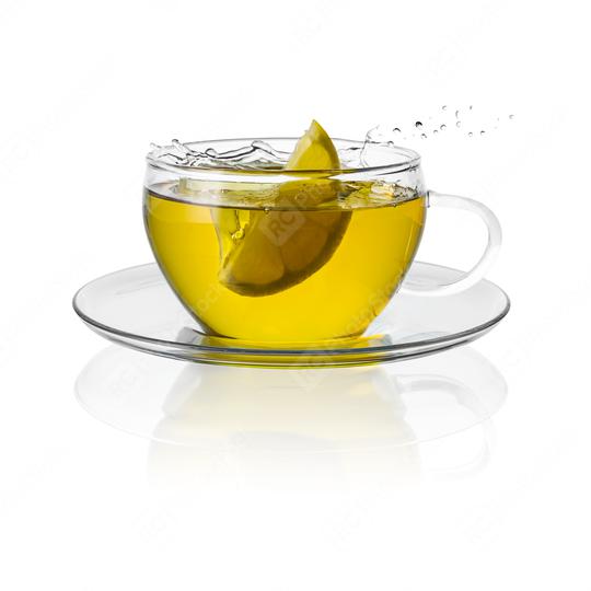 Tea cup glass with a lemon citrus splash hot drink isolated on white   : Stock Photo or Stock Video Download rcfotostock photos, images and assets rcfotostock | RC Photo Stock.: