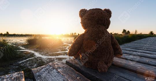 teddy bear sitting on a jetty/pier at a lake on sunset, rear view. Love theme. Concept about love and relationship. copyspace for your individual text.  : Stock Photo or Stock Video Download rcfotostock photos, images and assets rcfotostock | RC-Photo-Stock.: