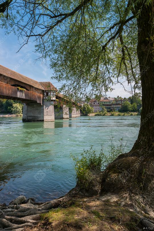 The historic wood bridge over Rhine river in Bad Saeckingen at summer, Black Forest, Baden-Wurttemberg, Germany, Europe  : Stock Photo or Stock Video Download rcfotostock photos, images and assets rcfotostock | RC Photo Stock.: