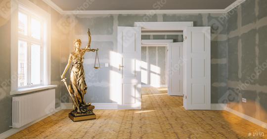 The Statue of Justice - Lady Justice or Iustitia / Justitia the Roman Goddess of Justice in a large empty room as sign for tenancy law or landlord  : Stock Photo or Stock Video Download rcfotostock photos, images and assets rcfotostock | RC Photo Stock.: