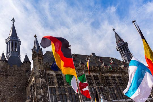 the town hall of aachen with flags  : Stock Photo or Stock Video Download rcfotostock photos, images and assets rcfotostock | RC Photo Stock.: