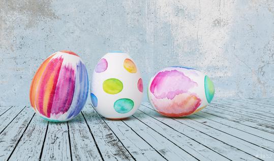 Three Painted easter eggs for Easter in front of a blue grunge background wall, including copy space  : Stock Photo or Stock Video Download rcfotostock photos, images and assets rcfotostock | RC Photo Stock.: