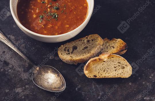 tomato soup with basil and baguette in a ceramic bowl on a dark background. Healthy eating concept   : Stock Photo or Stock Video Download rcfotostock photos, images and assets rcfotostock | RC Photo Stock.: