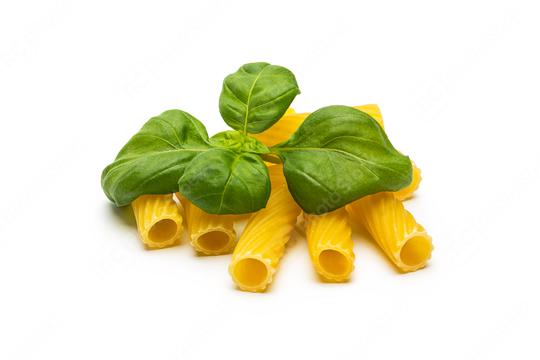 Tortiglioni Noodles with basil on white  : Stock Photo or Stock Video Download rcfotostock photos, images and assets rcfotostock | RC Photo Stock.: