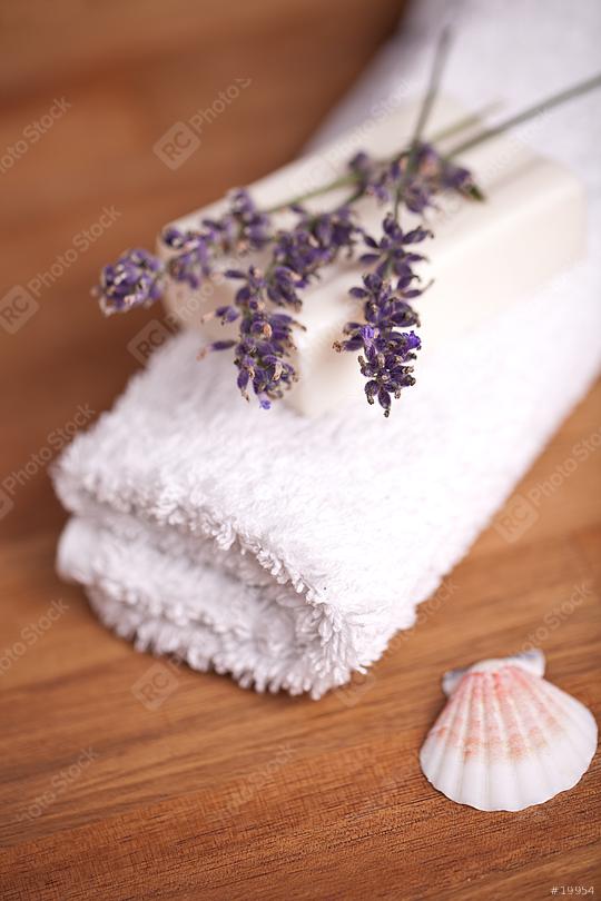 towel with lavender and shell  : Stock Photo or Stock Video Download rcfotostock photos, images and assets rcfotostock | RC Photo Stock.: