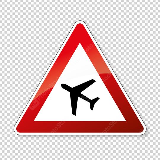 Traffic sign airport. German road warning sign: Low flying airplanes on checked transparent background. Vector illustration. Eps 10 vector file.  : Stock Photo or Stock Video Download rcfotostock photos, images and assets rcfotostock | RC Photo Stock.: