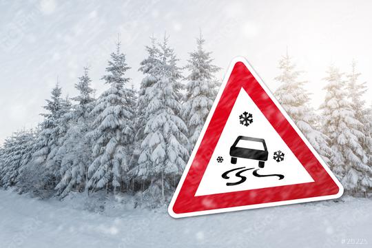 traffic sign for winter time with black ice and snow on the street and a winter forest  : Stock Photo or Stock Video Download rcfotostock photos, images and assets rcfotostock | RC Photo Stock.: