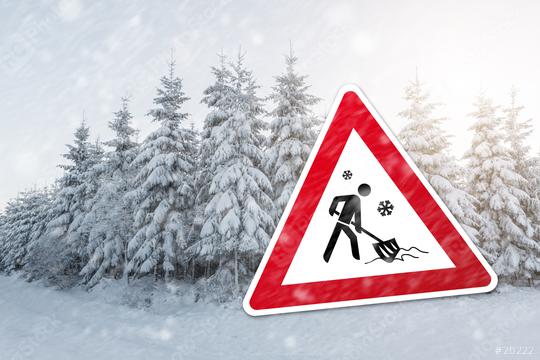 traffic sign for winter time with push snow icon and a winter forest  : Stock Photo or Stock Video Download rcfotostock photos, images and assets rcfotostock | RC Photo Stock.: