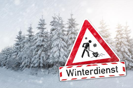 traffic sign German word Winterdienst (winter services) for winter time with push snow icon and a winter forest  : Stock Photo or Stock Video Download rcfotostock photos, images and assets rcfotostock | RC Photo Stock.: