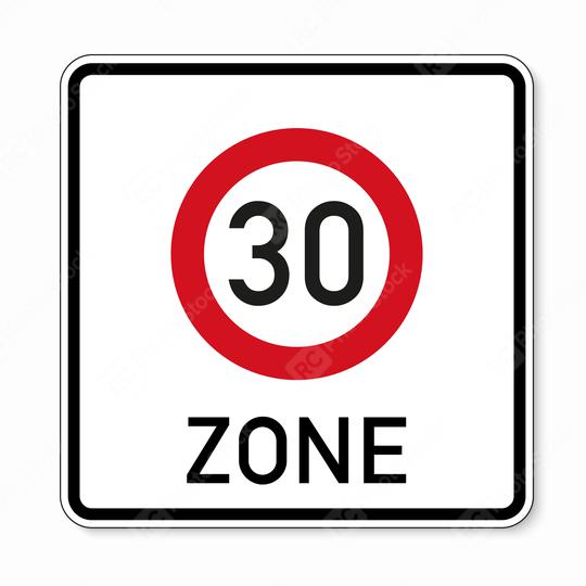 traffic sign speed limit area thirty. German traffic sign indicating a zone with reduced traffic and a speed limit of 30 kilometers per hour on white background. Vector illustration. Eps 10 vector.  : Stock Photo or Stock Video Download rcfotostock photos, images and assets rcfotostock | RC Photo Stock.: