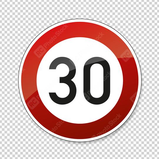 traffic sign speed limit thirty. German traffic sign restricting speed to 30 kilometers per hour on checked transparent background. Vector illustration. Eps 10 vector file.  : Stock Photo or Stock Video Download rcfotostock photos, images and assets rcfotostock | RC Photo Stock.:
