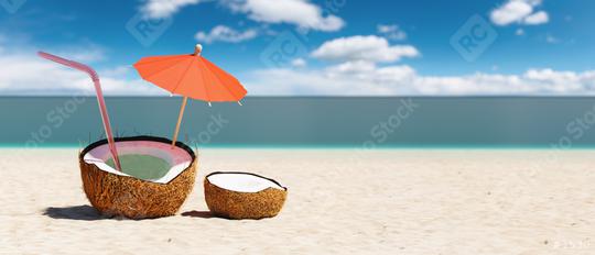 Tropical beach concept made of coconut fruit and sun umbrella. Creative minimal summer idea, copy space for individual text  : Stock Photo or Stock Video Download rcfotostock photos, images and assets rcfotostock | RC Photo Stock.: