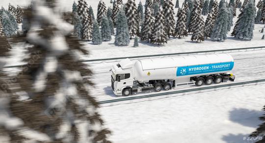 Truck with Hydrogen gas tank trailer on the winter road. New Energy Hydrogen gas transportation concept image  : Stock Photo or Stock Video Download rcfotostock photos, images and assets rcfotostock | RC Photo Stock.: